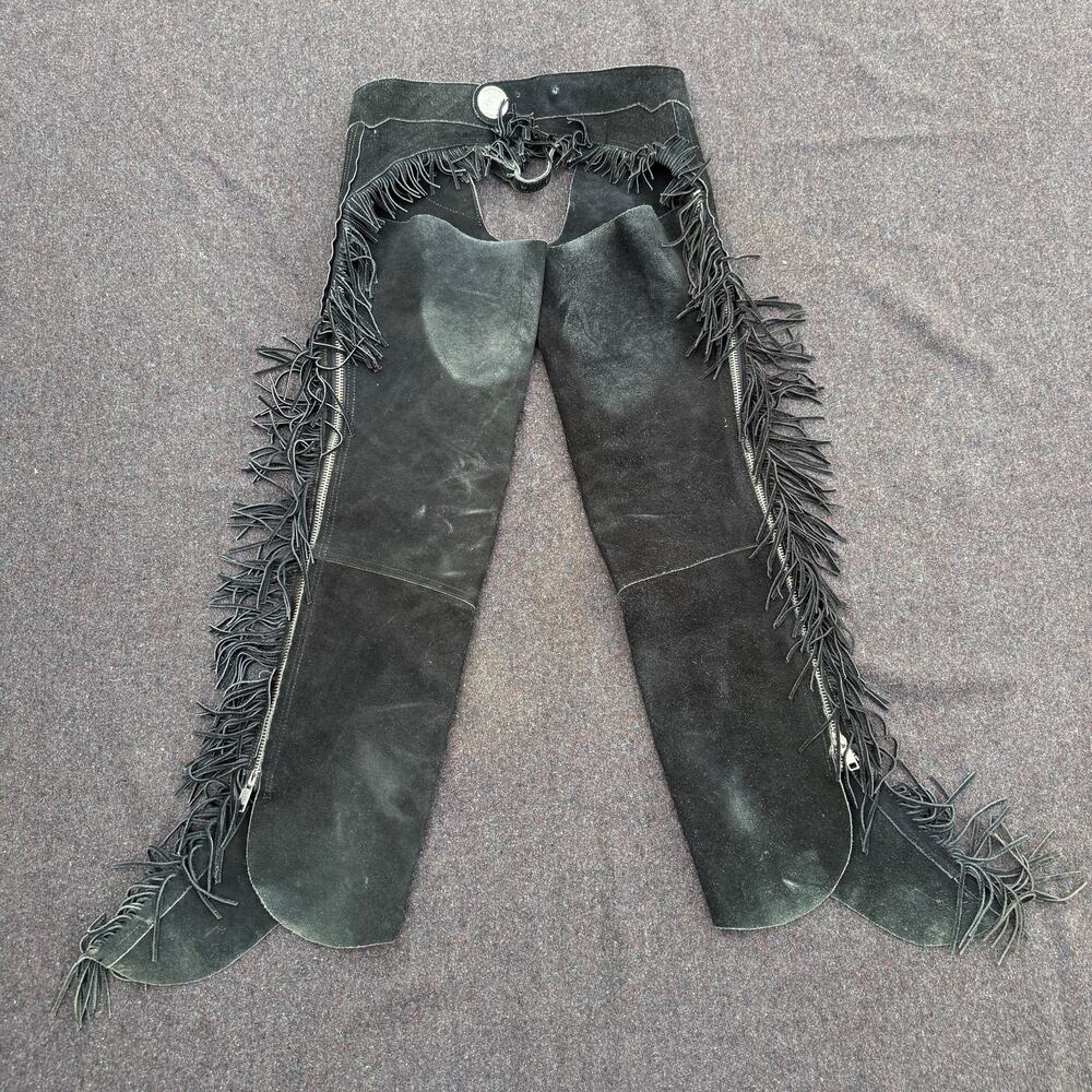 Vintage 90's Black Suede Leather Fringe Western Motorcycle Biker Chaps Sz Medium